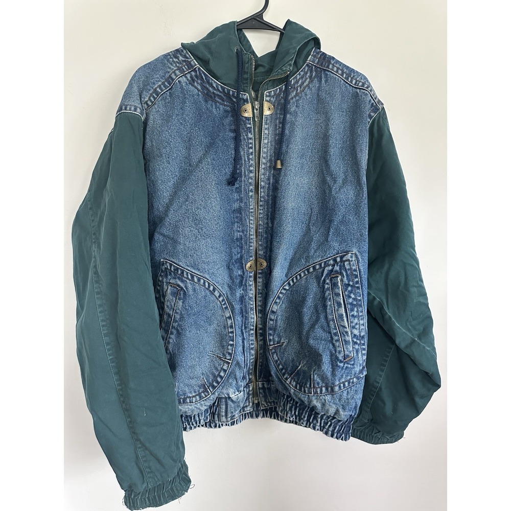 VTG Eagle's Ridge Hooded Two Tone Zip Denim Jacket MEDIUM Varsity 90's Oversized
